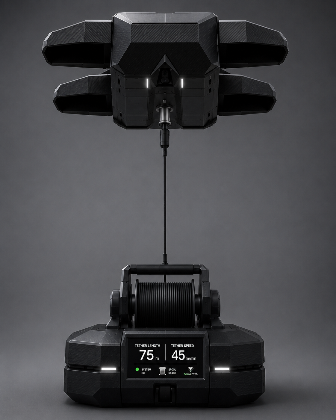 TARVYN tethered aerial platform connected to its spool base