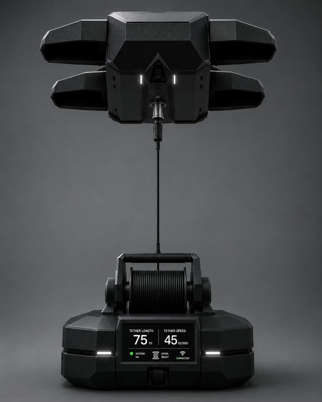 TARVYN enclosed-impeller tethered aerial platform with spool base in a dark studio